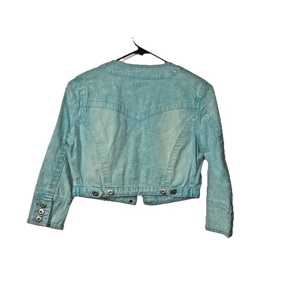 Denim Foxy Jeans Soft Turquoise Cropped Jacket Size Small - Picture 3 of 5